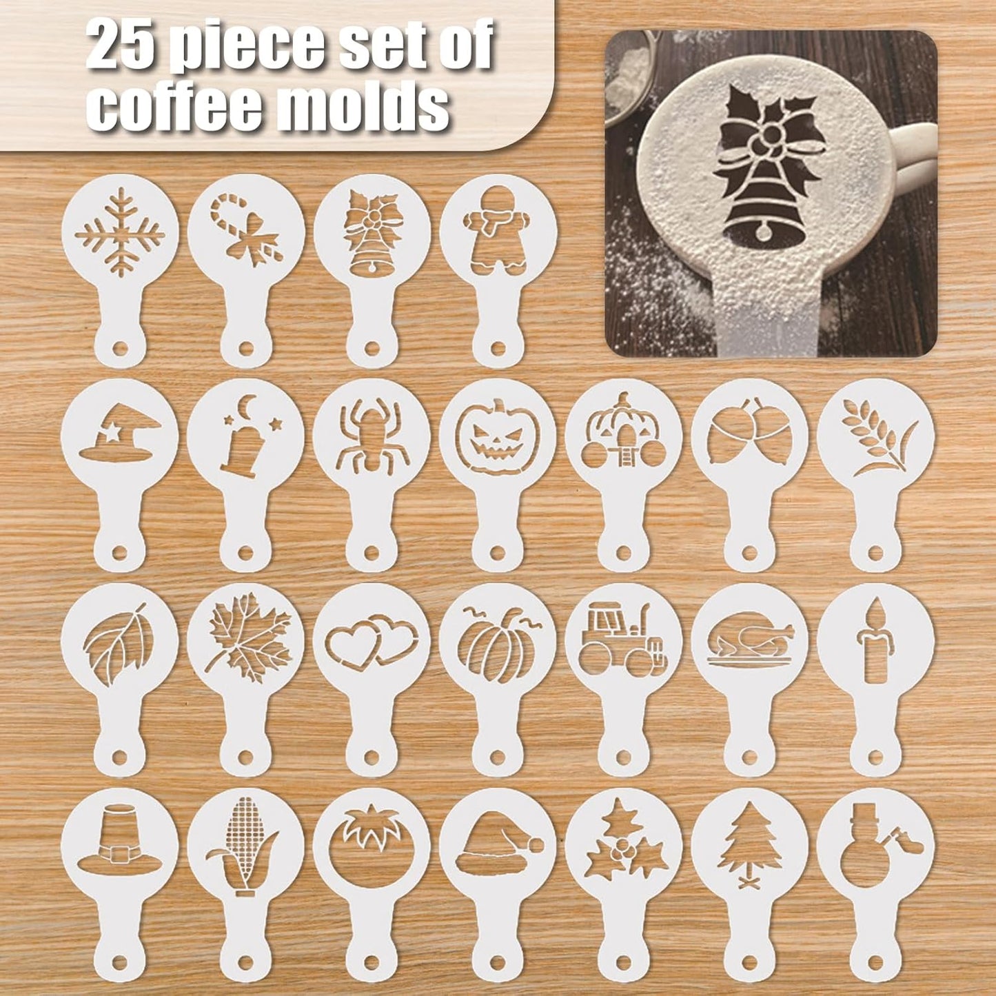 25Pcs Coffee Decorating Stencils, Reusable Cookie Cake Latte Art Stencils Templates Mold Tools, Magnoloran Foam Barista Templates for Decorating Oatmeal Cupcake Cake Cappuccino Mousse Hot Chocolate