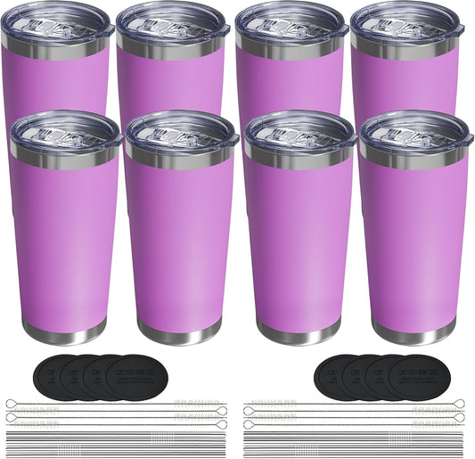 Travel Coffee Tumbler 20oz, 8 Pack Leakproof Travel Coffee Mug with Lid and Straw, Stainless Steel Double Wall Vacuum Insulated Tumbler for Hot/Iced Drinks (Textured Matte, Lilac Pink)