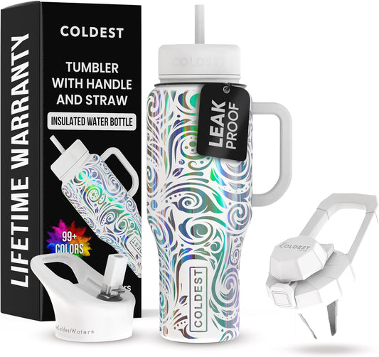 Coldest 40 oz Tumbler with Handle and Straw, 100% Leak Proof Insulated Tumbler with Lid and Straw (3 Lids), Stainless Steel Tumblers for Women & Men, Cup Holder Friendly, 36 oz (Snowstorm Spiral)