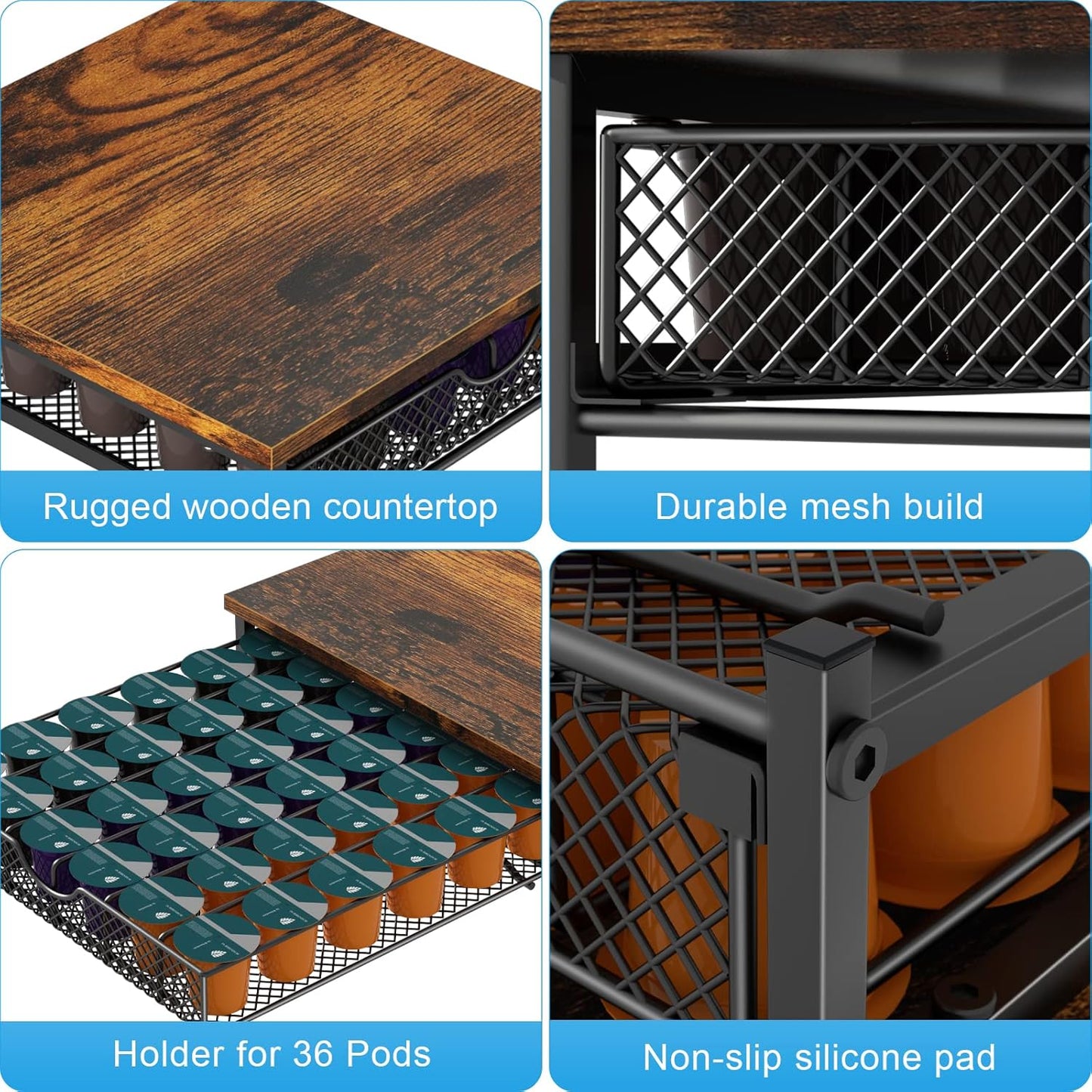 Coffee Pod Drawer Holder for K Pod Coffee Pods Holder for Counter 36 Capacity Pods Storage Organizer for Coffee Capsule Storage with Sliding Baskets for Coffee Station Black