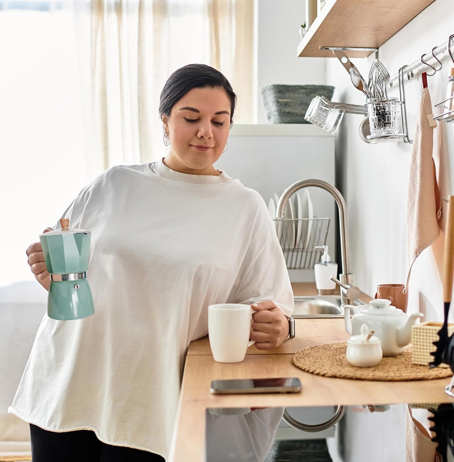 AGOGO Milano Moka pot, Stovetop Espresso maker, Greca Coffee Maker, Stovetop coffee maker and espresso maker percolator With Paper Filter 6 Cup Lake Blue