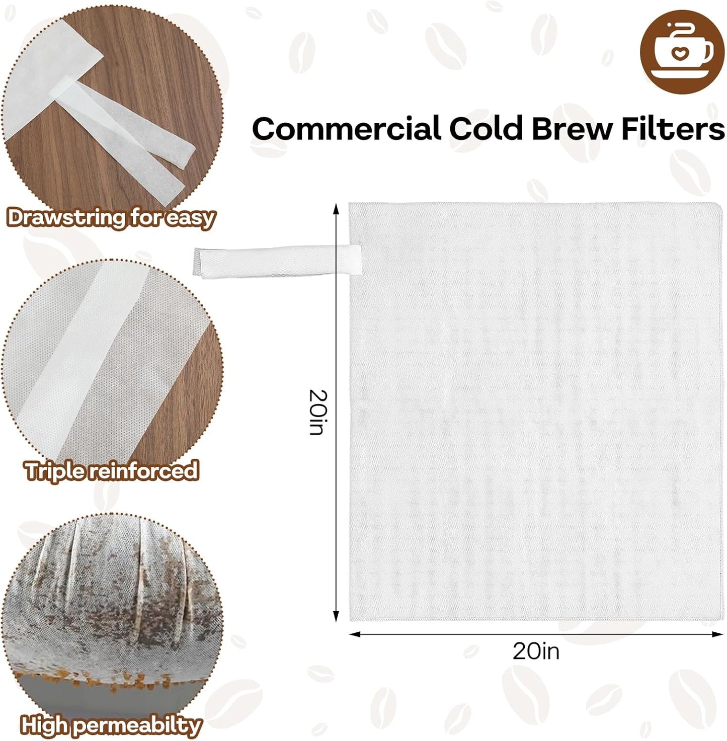 50Pcs Commercial Cold Brew Coffee Filters for 5 Gallon Buckets, 20" X 20" Disposable Coffee Filters with Drawstring for Brew Up To 5 LBS Coffee