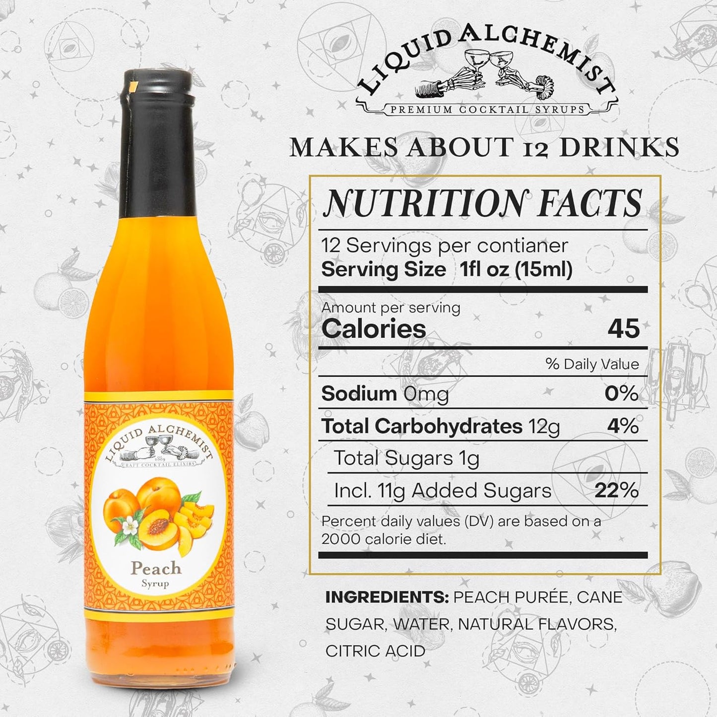 Liquid Alchemist Peach Syrup for Drinks - Real Ingredients Make our Peach Puree for Cocktails a Perfect Bellini Mix - Our Flavored Syrup is Non-GMO & Vegan (12 oz)