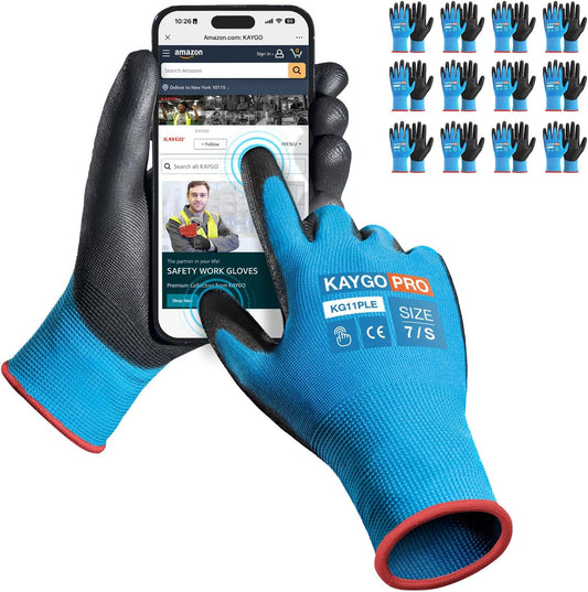 KAYGO Safety Work Gloves PU Coated for Men and Women- KG11P,12 Pairs,Seamless Knit Glove with Two Fingers Touchscreen,Ideal for General Duty Work (Blue,S)