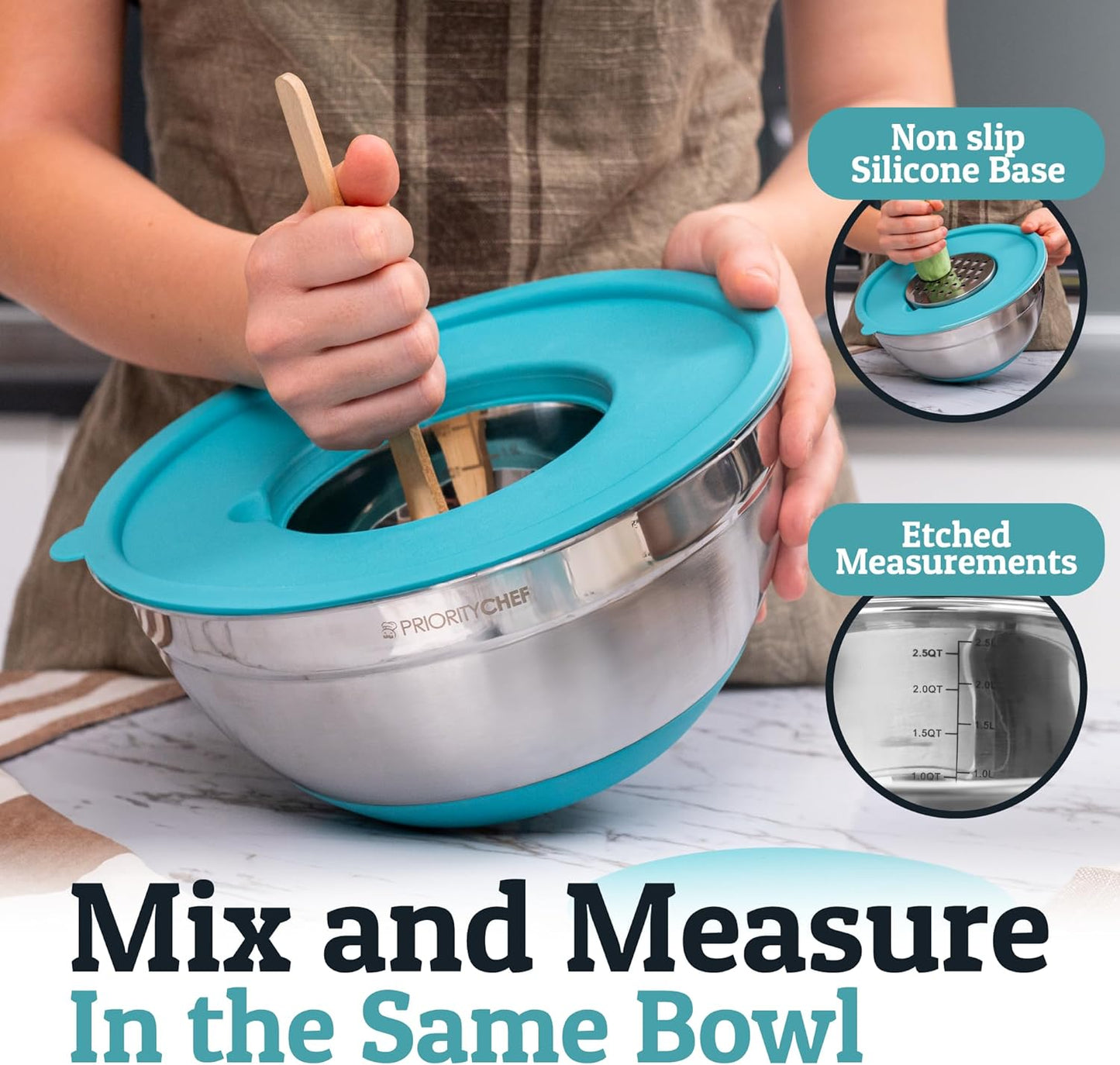 Priority Chef 6Pc Large Mixing Bowls With Lids Set with Non-Slip Bases, Stainless Steel Mixing Bowl Set, 6 Airtight Lids and 3 Graters, Turquoise