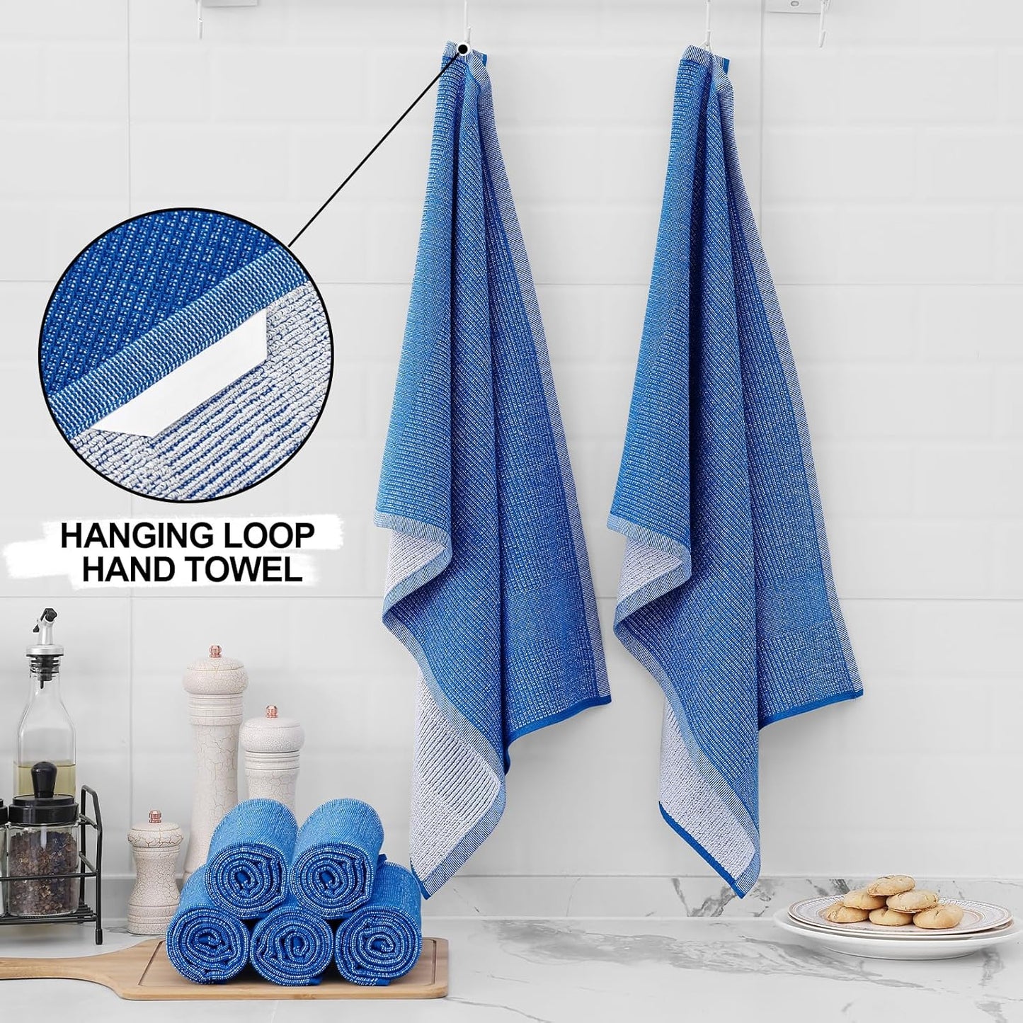 Homaxy Premium Kitchen Towels(18”x 28”, 8 Pack), Large Cotton Kitchen Hand Towels, Flat and Terry Dish Towels, 380 GSM Highly Absorbent Tea Towel Set with Hanging Loop, Blueberry