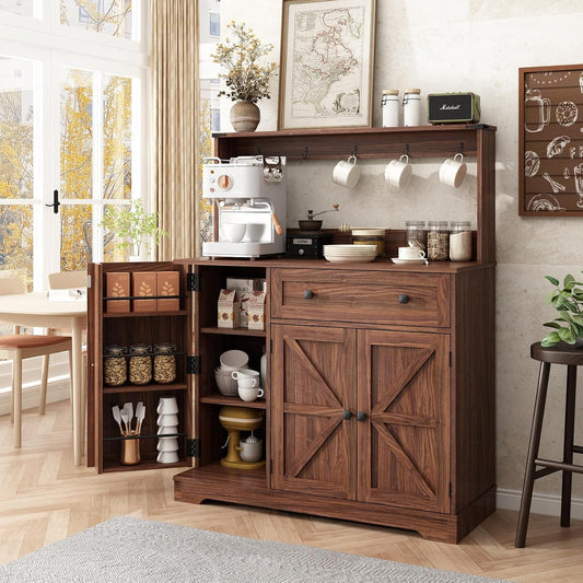 Wnutress Farmhouse Coffee Bar Cabinet with Drawer, 39" Kitchen Hutch Sideboard Buffet Cabinet with Charging Station and Adjustable Shelves, Coffee Bar Storage Table for Living Room, Dining Room, Brown