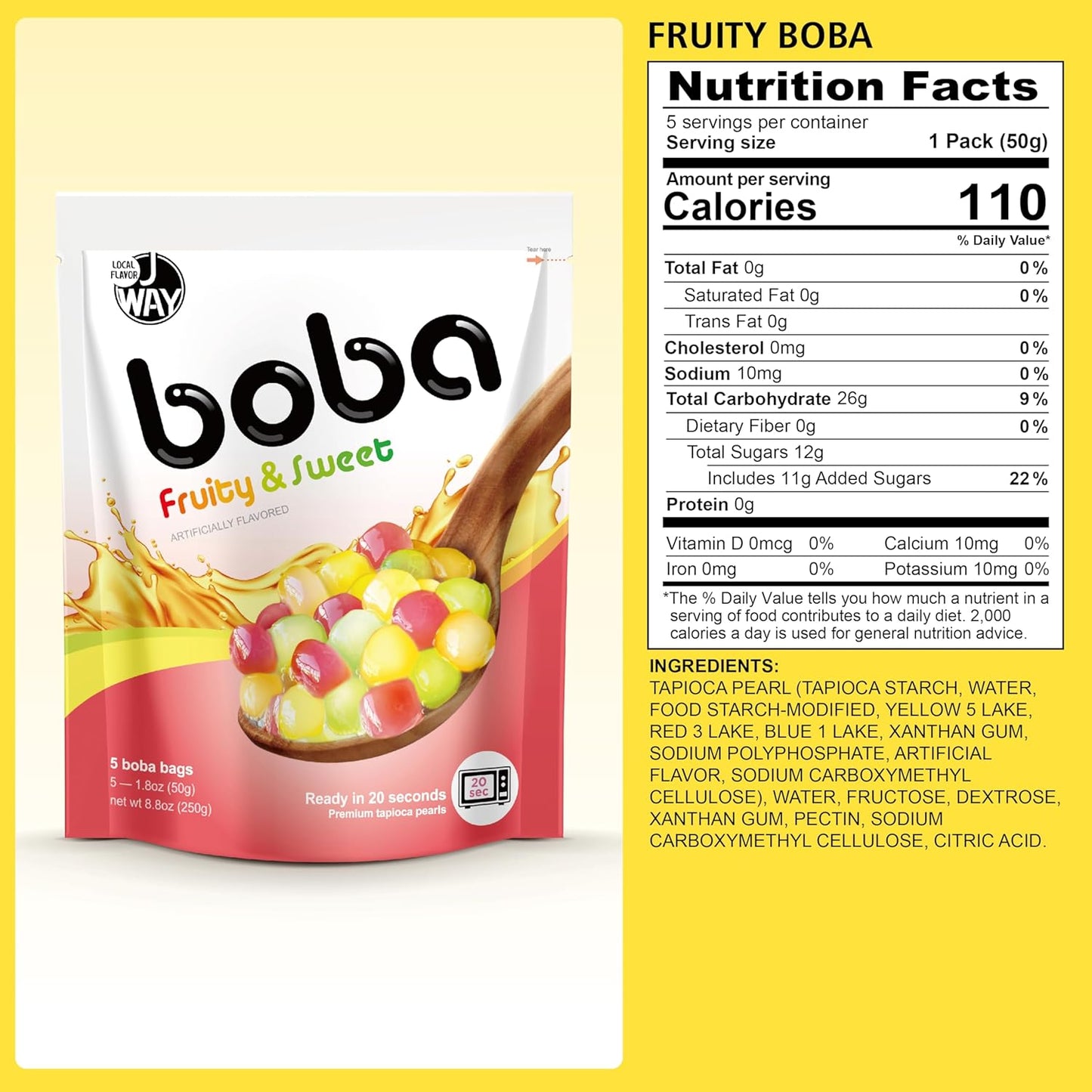J WAY BOBA Authentic Instant Tapioca Boba Pearls for Milk Tea, Smoothies and Desserts, Tropical Fruit Flavor (Ready in Just 20 Seconds) - 5 Servings