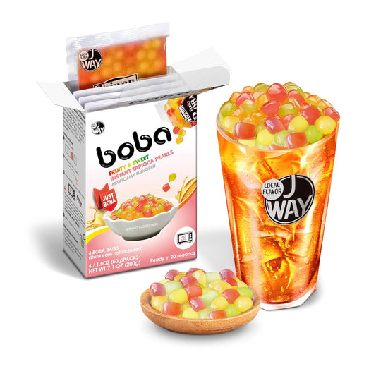 J WAY BOBA Authentic Instant Tapioca Boba Pearls for Milk Tea, Smoothies and Desserts, Tropical Fruit Flavor (Ready in Just 20 Seconds) - 4 Servings
