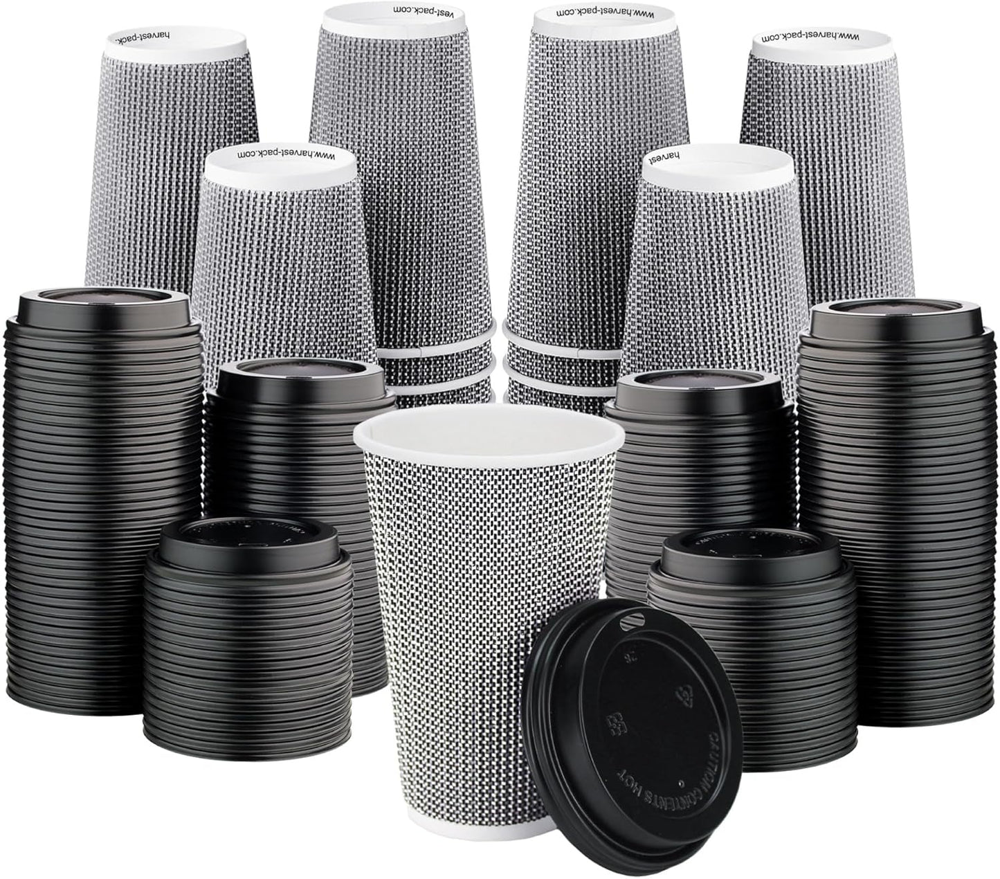 [340 SET]Harvest Pack 16 oz Disposable Coffee Cups, Insulated Ripple Double-Walled Paper Cups with Lids, Black and White Geometric, Bulk Drinking Cups for Tea Hot Chocolate Drinks To go coffee cups
