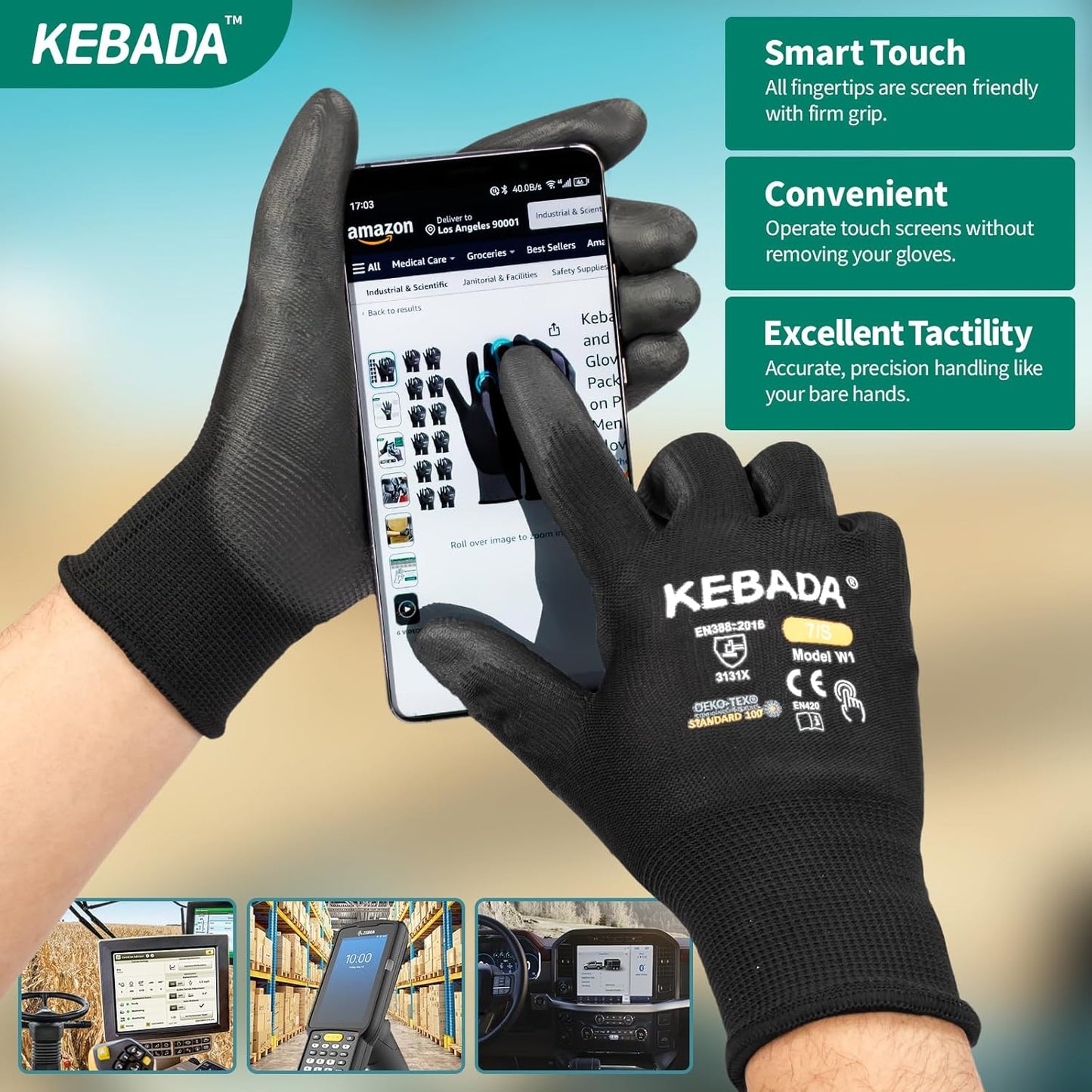 Kebada W1 Work Gloves for Men and Women, PU Coated Safety Gloves with Grip, Touchscreen, Ideal for Warehouse Package Handling, Construction, Gardening, Black X-Large