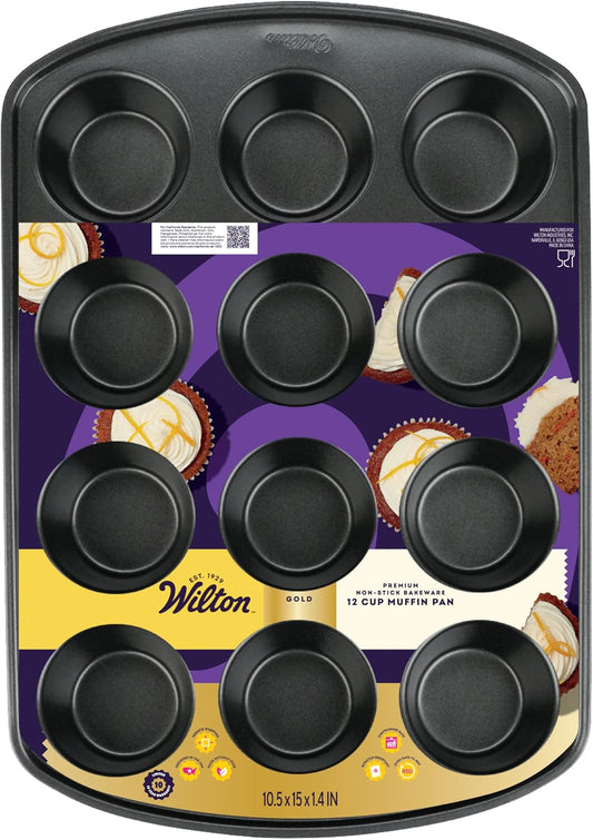 Wilton Gold Premium Non-Stick Warp-Resistant Bakeware, Made without PFAs, Muffin Pan, 12-cup, 10.5 x 15 x 1.4 in, Packaging May Vary