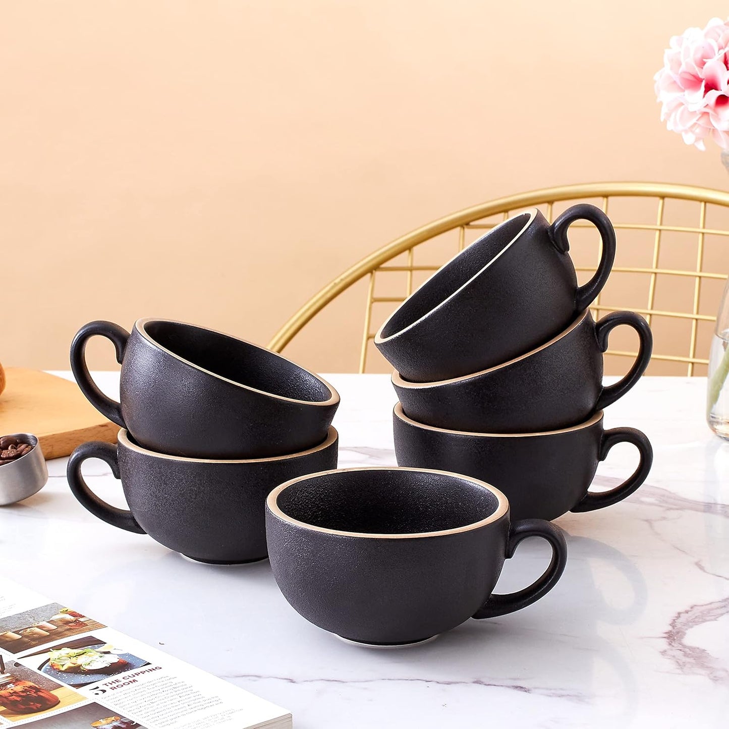 Set of 6 Cups Vintage Design 12 oz Professional Barista Ceramic Latte Art Cappuccino Cups Set (Rough Black * 6)