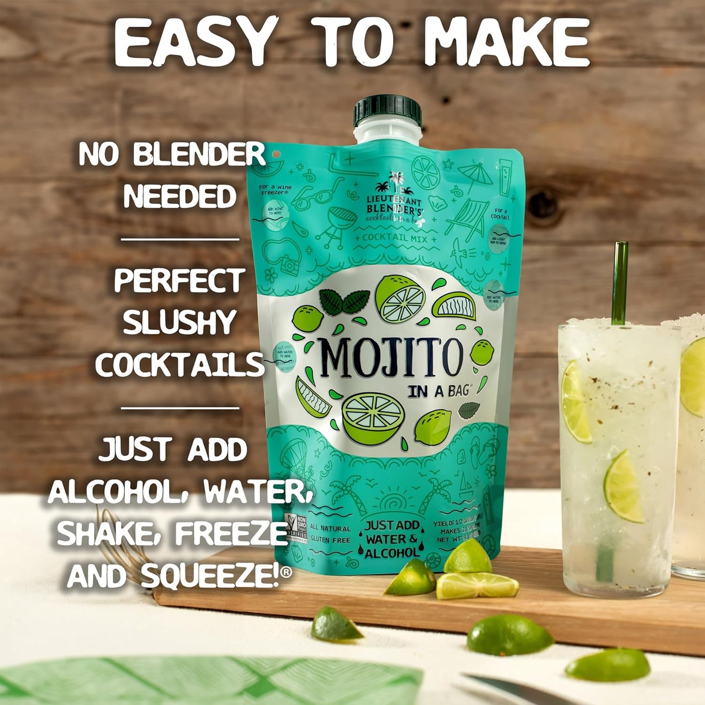 Lt. Blender's Mojito in a Bag - Each Bag Makes 1/2 Gallon of Frozen Cocktails – Non-GMO Cocktail Mix for Slushies – Make a Cocktail, Wine Slushie or Mocktail - (Pack of 3)