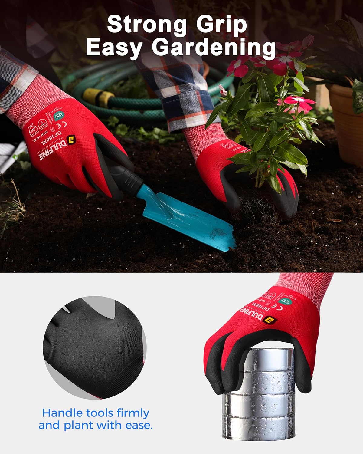 DULFINE Safety Work Gloves MicroFoam Nitrile Coated-3 Pairs Pack,Red Seamless Knit Nylon Glove with Black Micro-Foam Nitrile Grip,Ideal for General Purpose,Automotive,Home Improvement,Painting(Large)