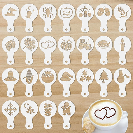 25Pcs Coffee Decorating Stencils, Reusable Cookie Cake Latte Art Stencils Templates Mold Tools, Magnoloran Foam Barista Templates for Decorating Oatmeal Cupcake Cake Cappuccino Mousse Hot Chocolate