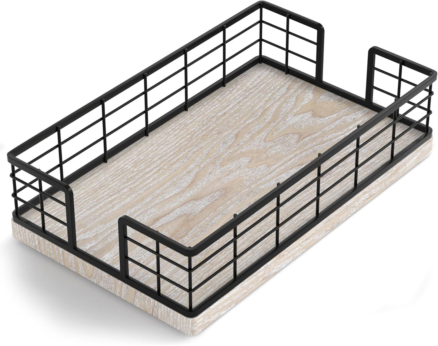 Wican Guest Towel Holder Tray for Bathroom, Ash and Iron Napkins Holder for Powder Room Dinning Table Wooden Basket for Disposable Paper Hand Towels Black and Ash Whitewashed