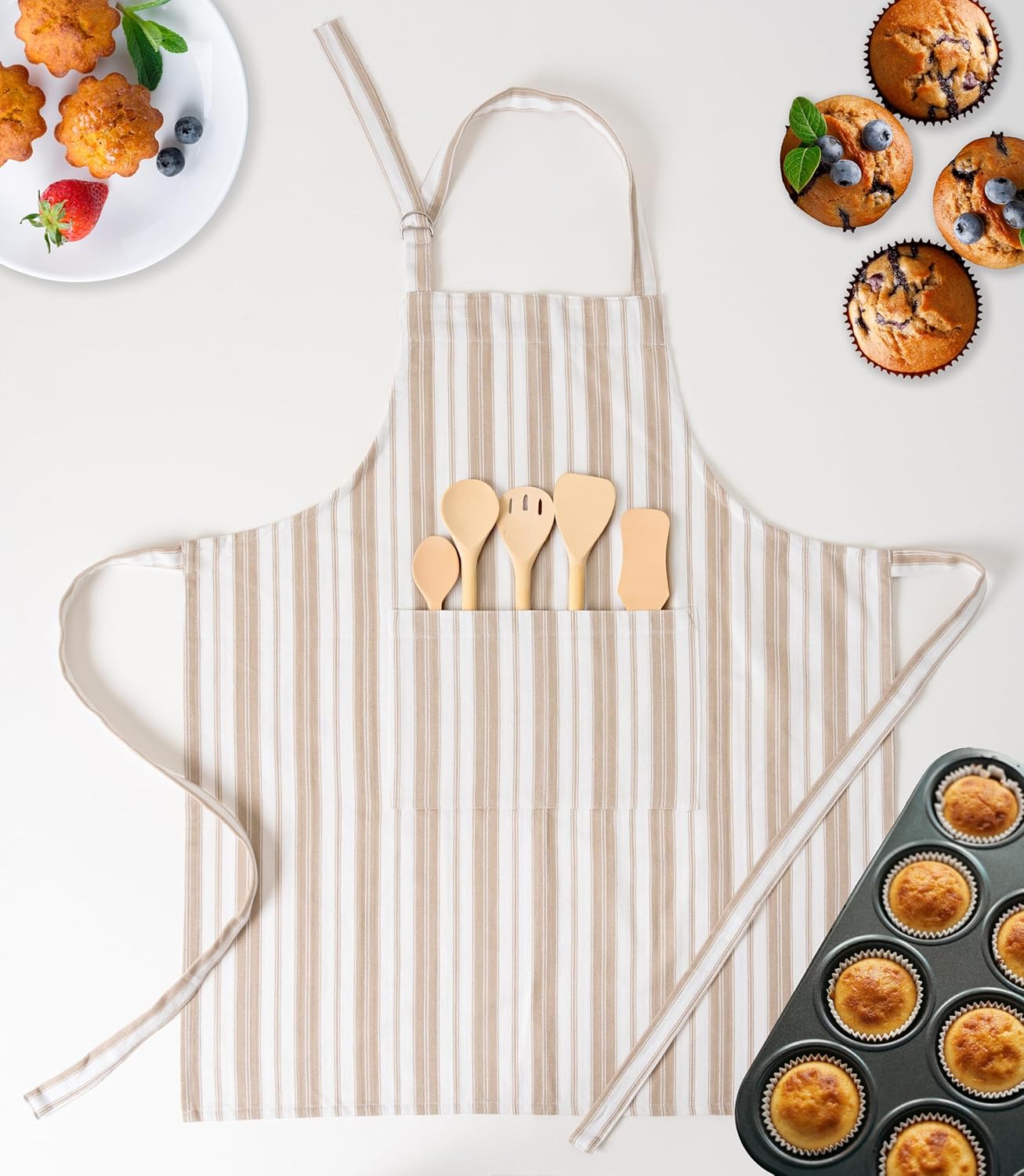 Cotton Professional Apron For Kitchen – 28 x 32 Inches – For Women & Men – Useful When Cooking, Baking, Gardening – Adjustable Strap Around Waist & Neck With Pockets Taupe Stripes