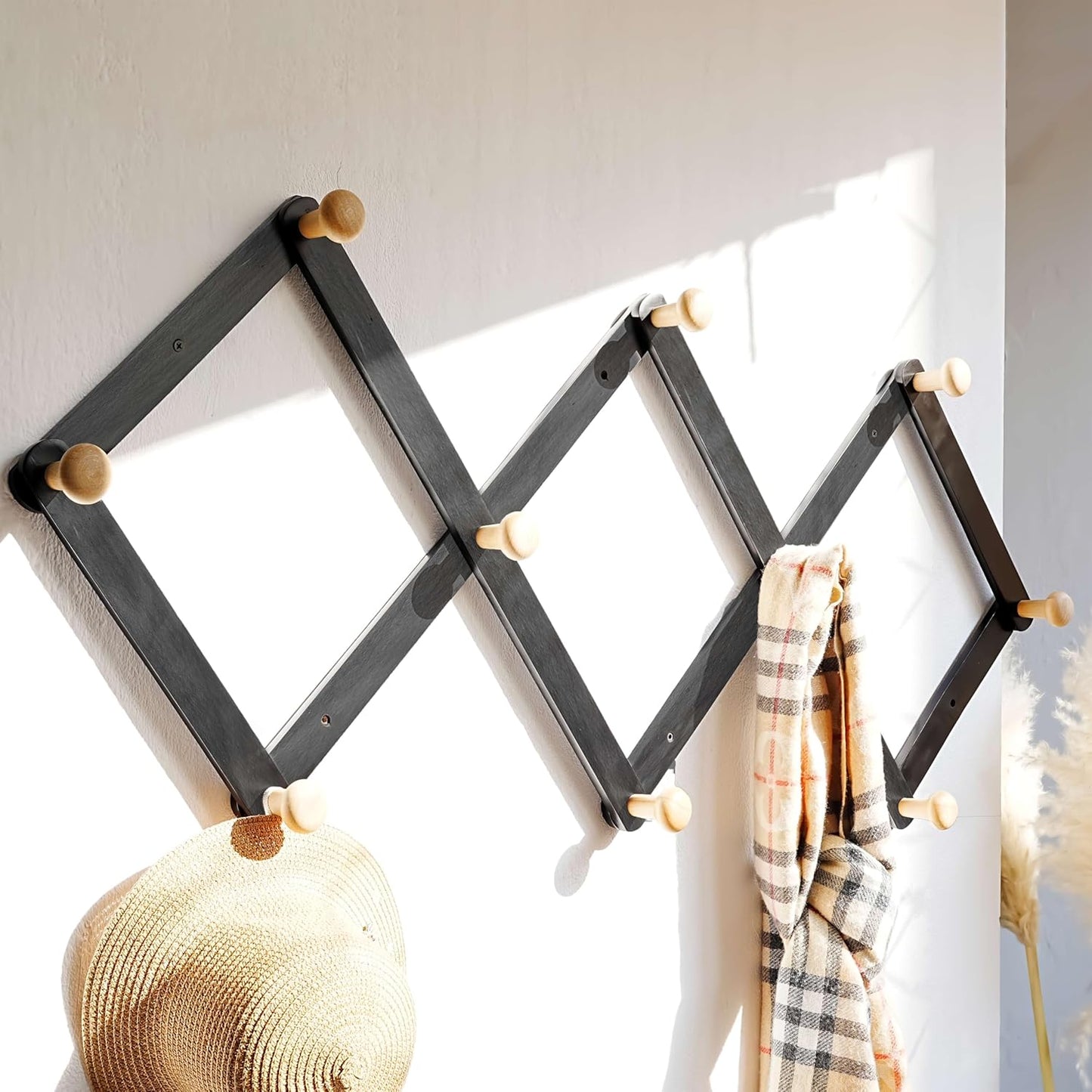 Dseap Expandable Coat Rack (Larger Version) - 24” High, Anti-Slip, Ultra Heavy Duty Wooden Accordian Wall Hanger with 10 Study Peg Hooks for Clothing Hats Jackets Bags, Black/Natural