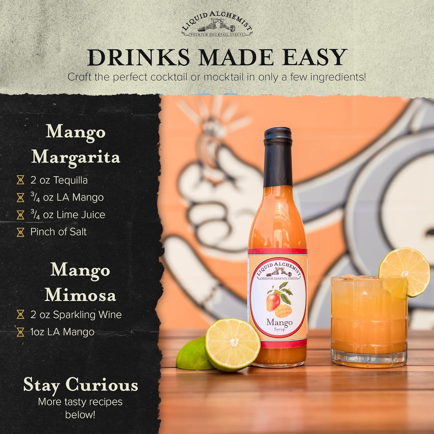 Liquid Alchemist Mango Syrup for Drinks - Real Ingredients Make our Mango Puree for Cocktails the Perfect Margarita Mix - Our Tropical Flavoring Syrup is Non-GMO & Vegan (12 oz)