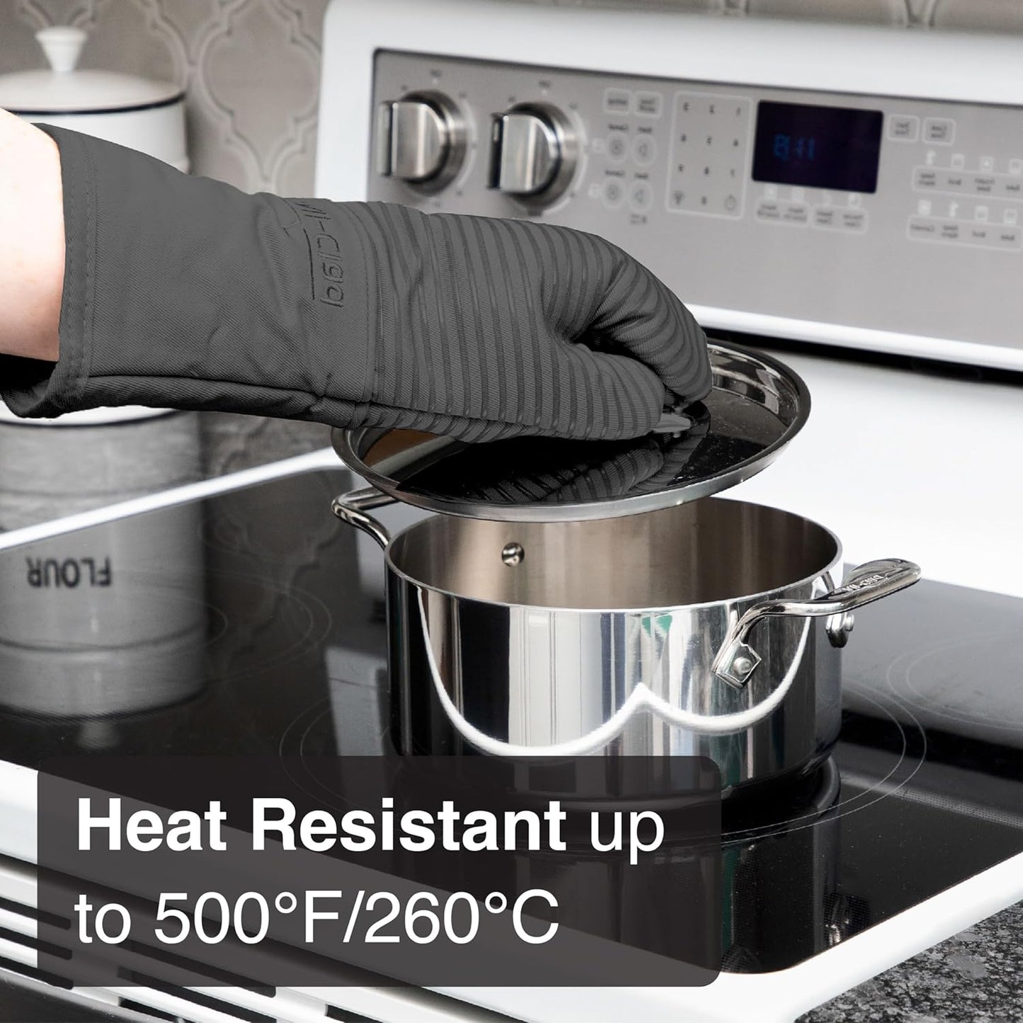 All Clad Silicone Oven Mitt: Heat Resistant up to 500 Degrees - 100% Cotton & Silicone, 14"x7" Oven Mitt for Kitchen and Barbeque, 1-Pack, Pewter