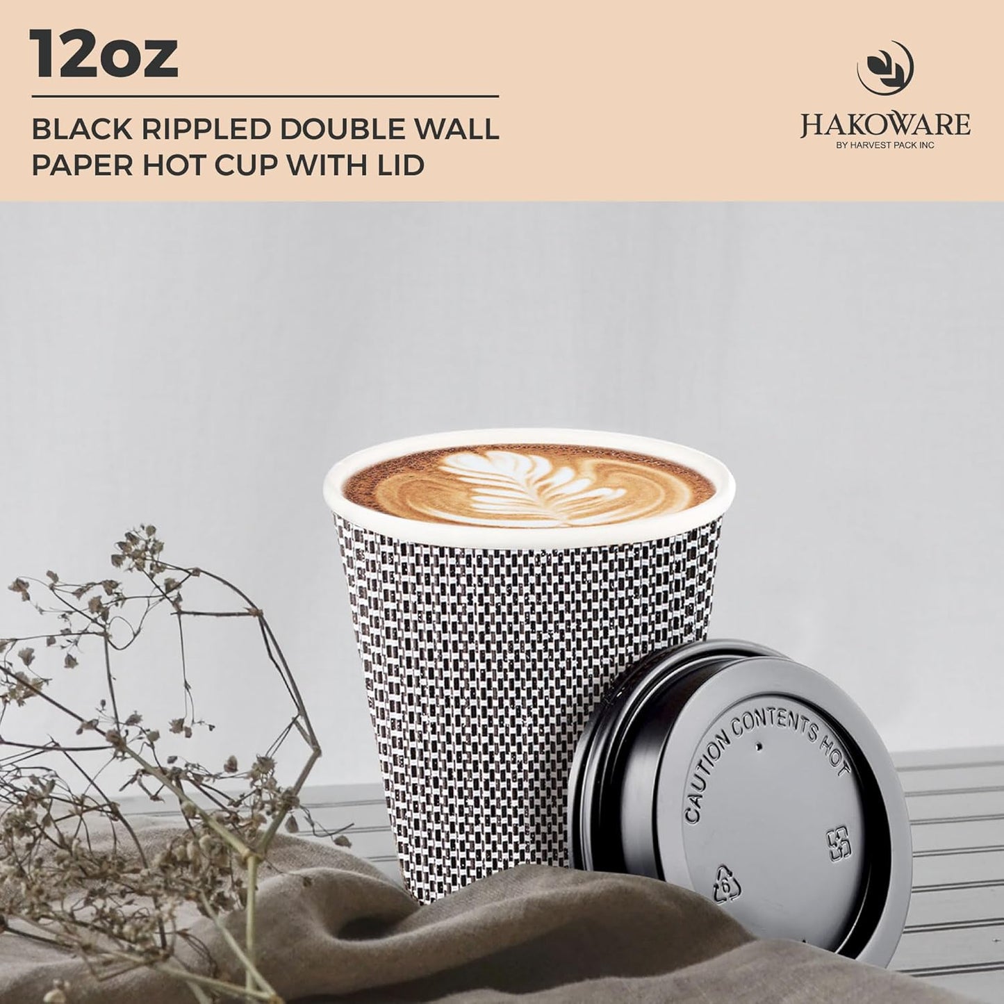 [100 SET]Harvest Pack 12 oz Disposable Coffee Cups, Insulated Ripple Double-Walled Paper Cups with Lids, Black and White Geometric, Drinking Cups for Tea Hot Chocolate Drinks To go coffee cups