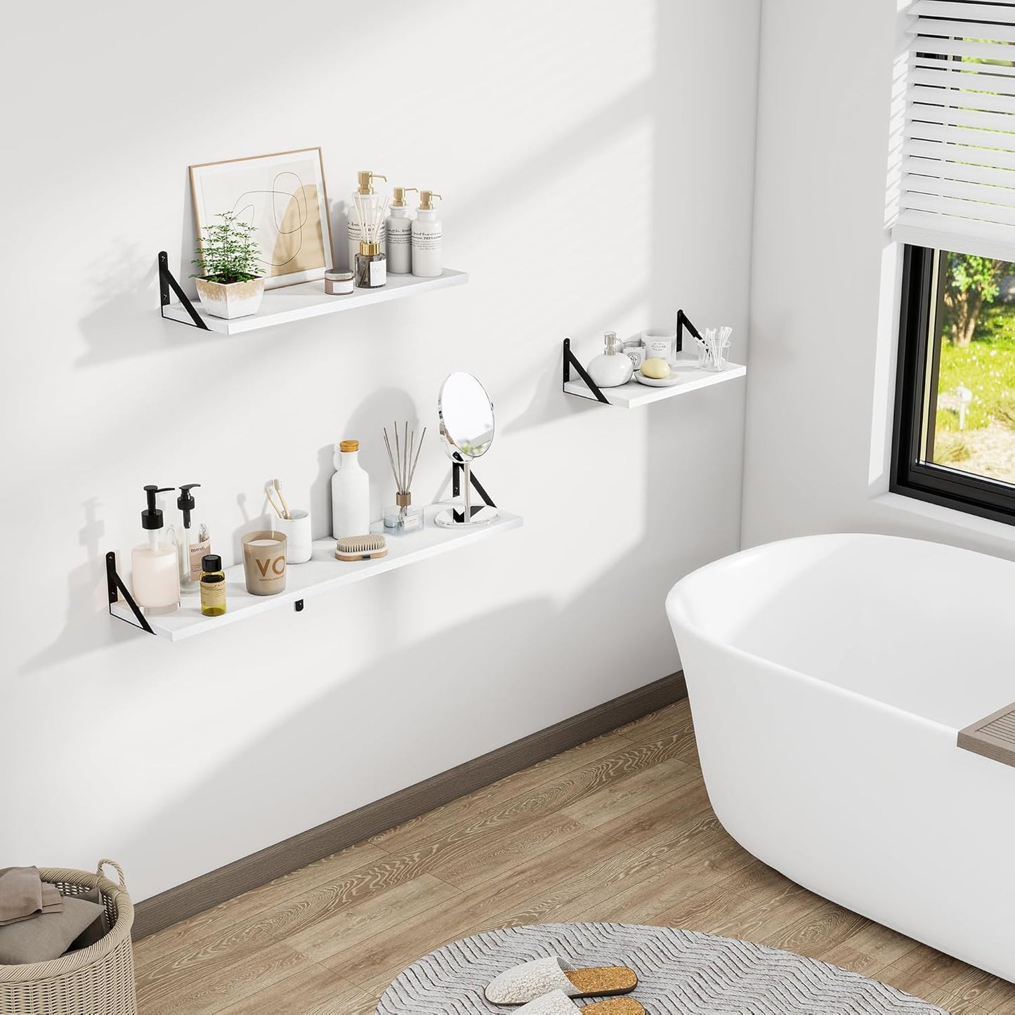 Dreamland White Floating Shelves for Wall, 16W x 8D Wall Mounted Shelves Set of 2, Floating Shelves Bedroom with Sturdy Metal Brackets for Living Room, Bathroom and Kitchen