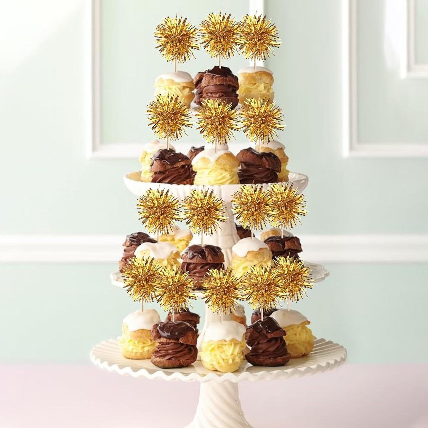 40 PCS Foil Firework Cupcake Toppers Fireworks Cupcake Picks Sparkle Tinsel Cake Decorations Cocktail Fruit Toothpick for Firework Theme Birthday Wedding Graduation Party Decorations Supplies Gold