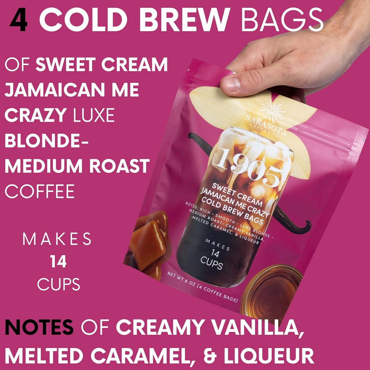 Sarasota Coffee 1905 Cold Brew Coffee Bags | Sweet Cream Jamaican Me Crazy | Blonde-Medium Roast | Smooth & Low Acid | Ground Filter Packs | Cold Brew Kit Makes 14 Cups | Creamy Vanilla & Caramel Notes
