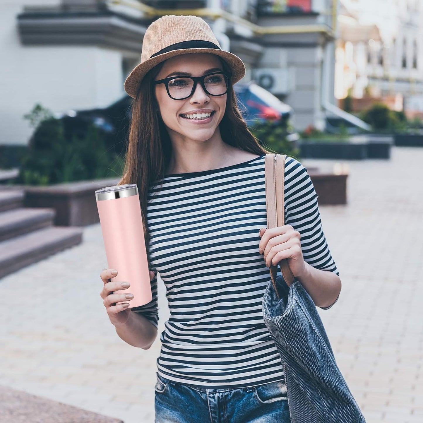 VEGOND Stainless Steel Tumblers Bulk 6 Pack, 20 oz Vacuum Insulated Skinny Tumblers with Lid and Straw, Double Wall Coffee Mug, Travel Water Cup, Light Pink