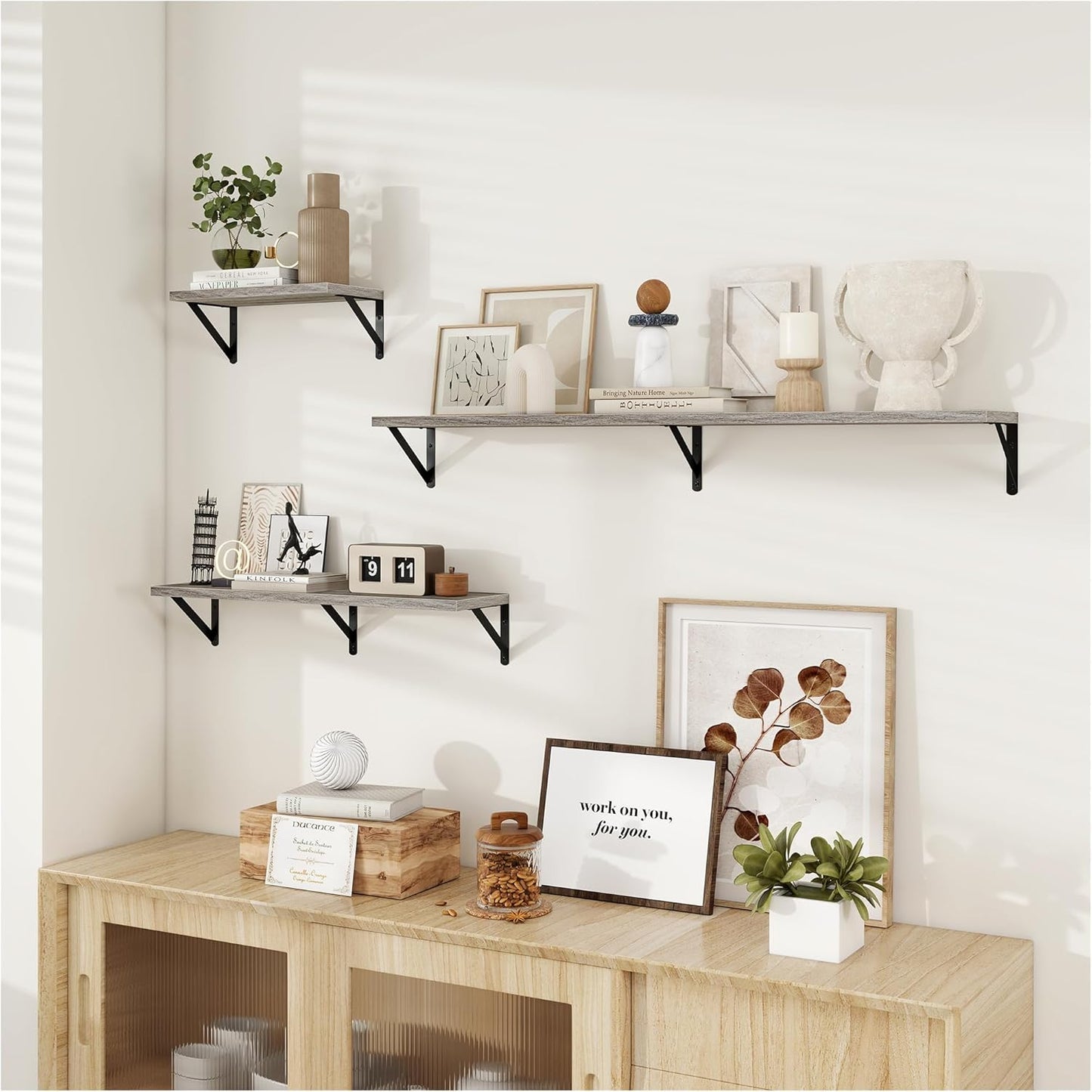 Dreamland Deep Floating Shelves for Wall, 16W x 8D Wall Mounted Wide Shelves Set of 2, Grey Floating Shelves Bedroom with Sturdy Metal Brackets for Living Room, Bathroom and Kitchen