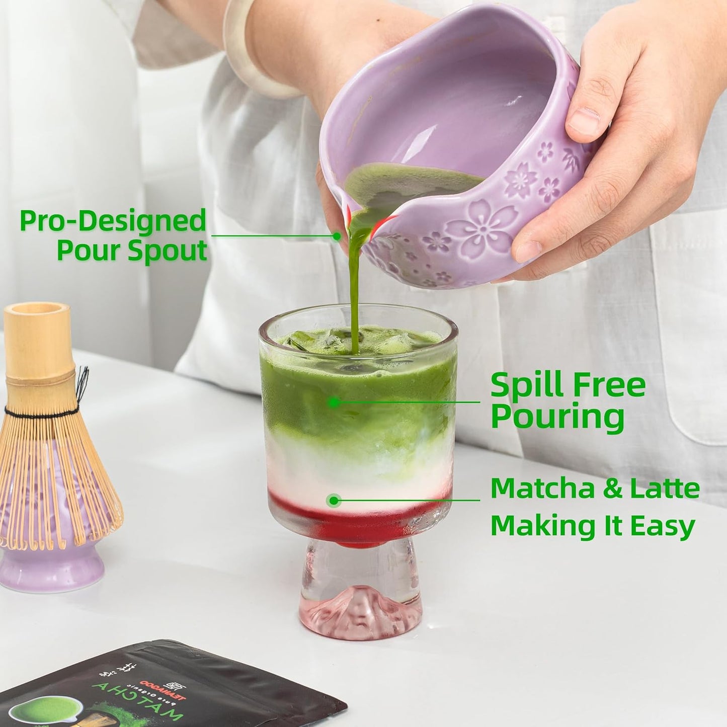 TEANAGOO 7-PCS Purple Matcha Whisk Set with Cherry Blossom Design, Complete Ceremony Kit, Ceramic Chawan Bowl with Spout, Whisk & Accessories, Traditional Matcha Tea Set for Lattes& Gift Giving