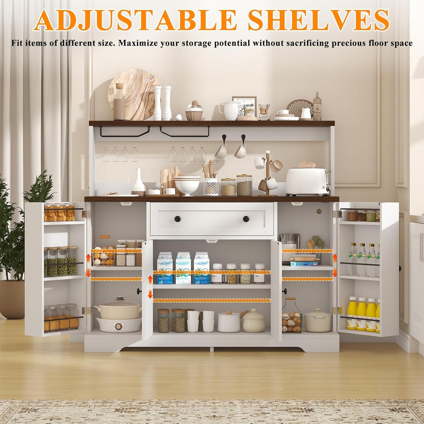 Hutch Storage Buffet Cabinet with Drawers, and Charging Station, Coffee Bar Cabinet with Barn Doors, Wine Rack and Hooks, White Wood Sideboard Buffet for Kitchen, Dining Room, 47.8" High