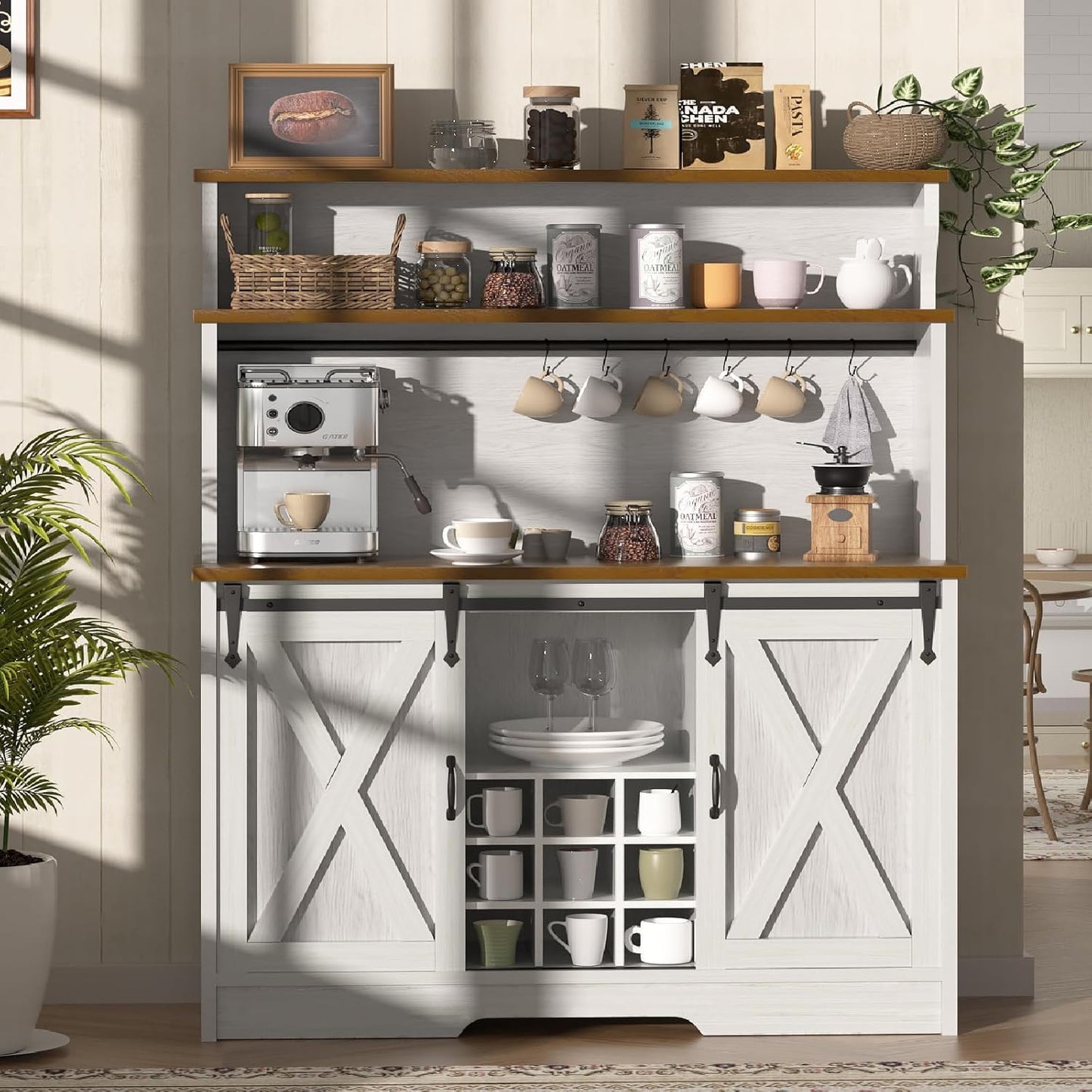Farmhouse Coffee Bar Cabinet with 3 Tier Storage Hutch, 47'' Coffee Bar Station with Sliding Barn Door, Hutch Storage Cabinet with 9 Wine Racks & 9 Hooks for Kitchen Dining Living Room