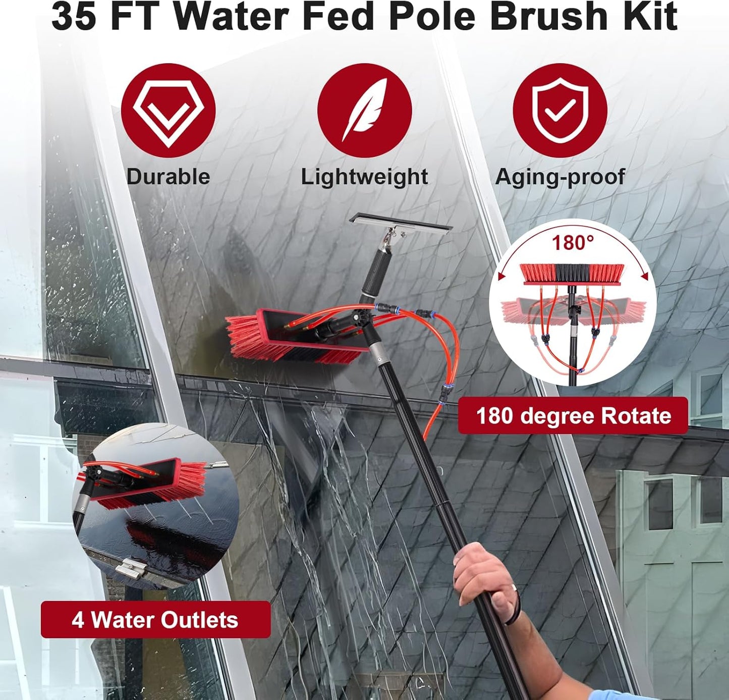 35ft Water Fed Pole Kit, Rotatable Solar Panel Cleaning Brush & Squeegee, 2 Dusting Brushes, Extendable Black Lightweight Pole for Roof Window
