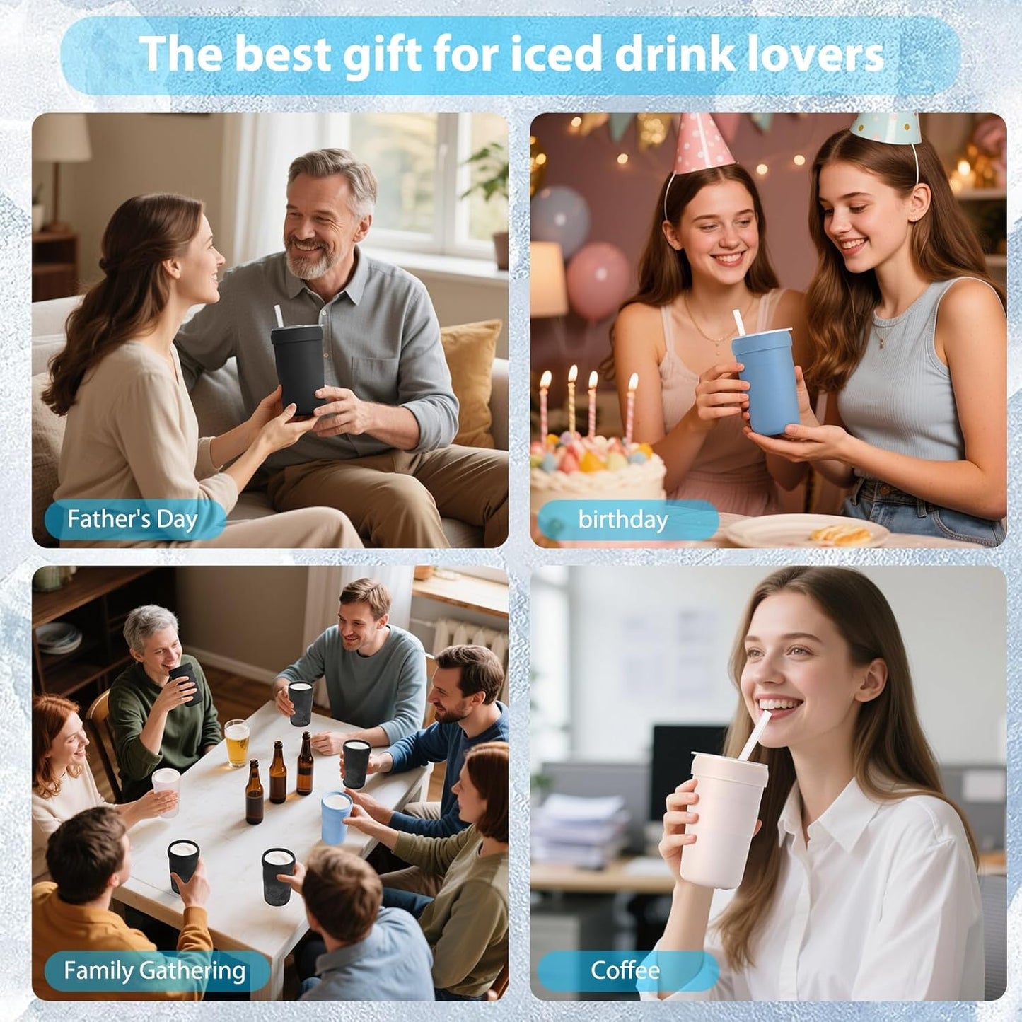 Iced Coffee Tumbler, 45℉ Insulated Beer Mug for Freezer, (Ice-Free) Double-walled Freezable Slushie Cup with Stainless Steel Liner, Travel Coffee Mug Reusable, with Lid and Straw, 16oz (1, Blue)