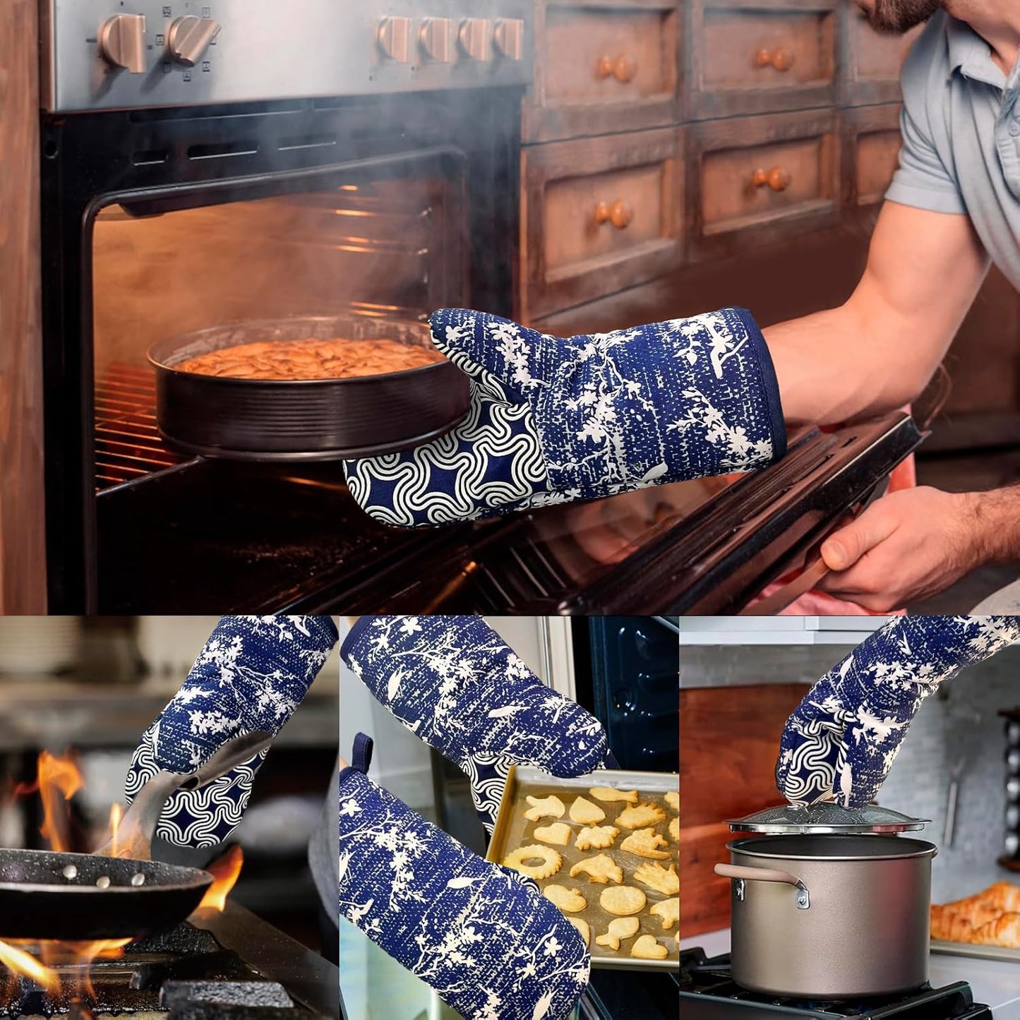 Thumb Oven Mitts, Heat and Slip Resistant Silicone Kitchen Mittens 2-Pack Set, Birds Flower Soft Long Oven Gloves, Flexible Thick Potholders for Safe Baking Cooking and Grilling (Navy)