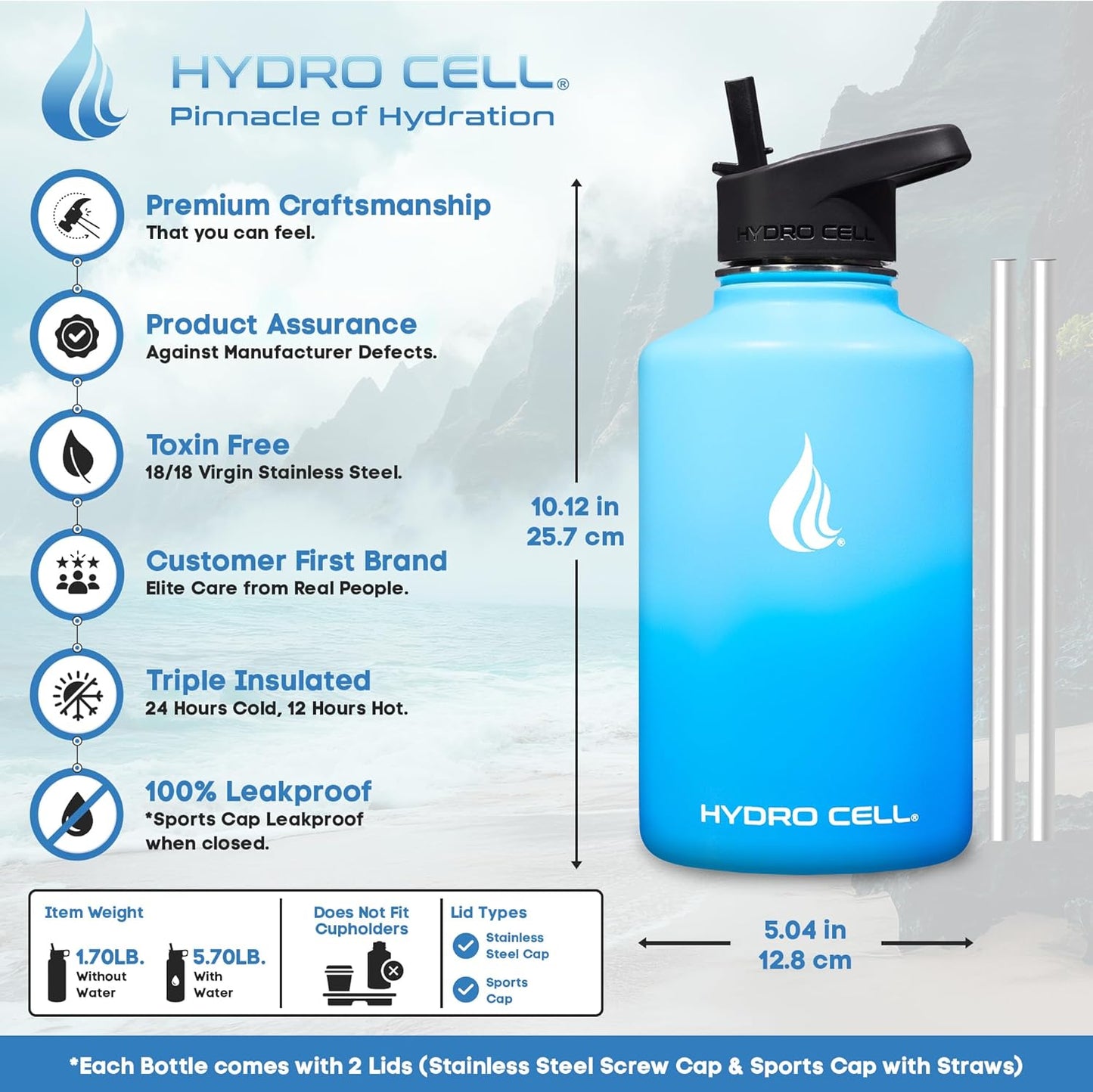 HYDRO CELL Stainless Steel Insulated Water Bottle with Straw - For Cold & Hot Drinks - Metal Vacuum Flask with Screw Cap and Modern Leakproof Sport Thermos for Adults (Sky/Blue 64oz)