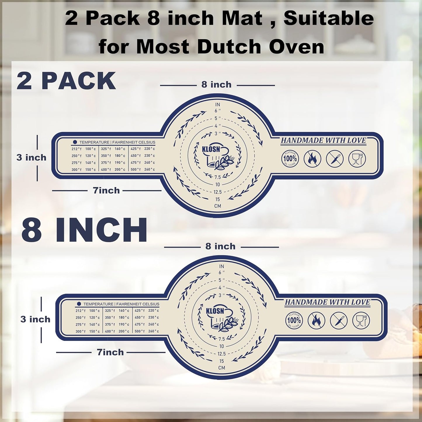 Silicone Bread Sling for Dutch Oven, 2 Pack (8" Round) – Non-Stick & 500°F Heat Resistant Sourdough Mat, Easy to Clean, Reusable Food-Grade Sourdough Slings – Fits 5 qt and up Dutch Ovens