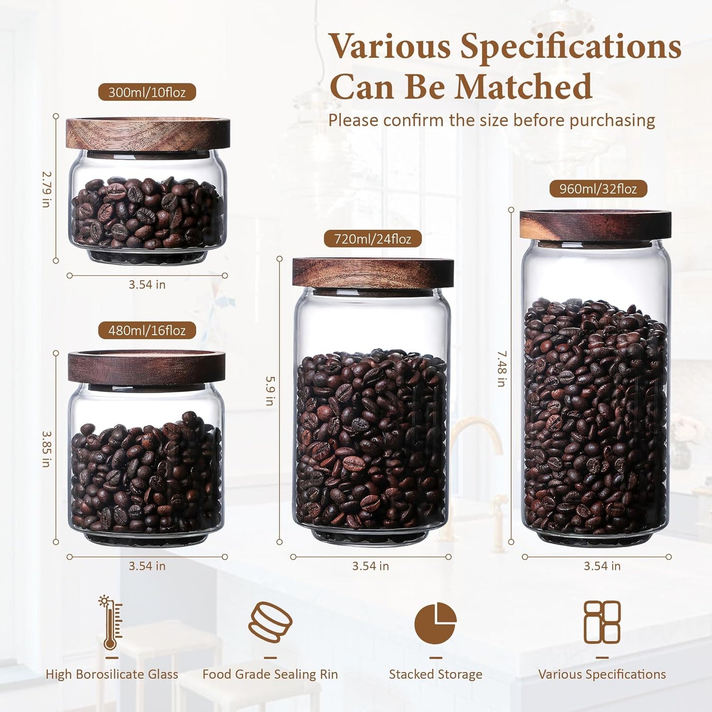 720ML/24Oz Clear Cute Glass Storage Canister Holder with Stackable Airtight Wood Lid, Modern Decorative Container Jar for Coffee, Spice, Candy, Salt, Cookie, Condiment, Pepper, Sugar