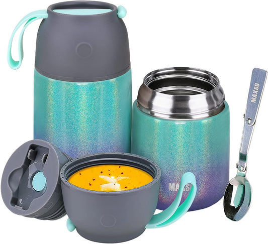 Insulated Thermo Food Jar for Hot & Cold Food for Kids Adult, 17&24 oz Soup Thermal Hot Food Containers for Lunch, Triple Layer Insulation Stainless Steel Food Jar with Spoon(2 Pack Rainbow)