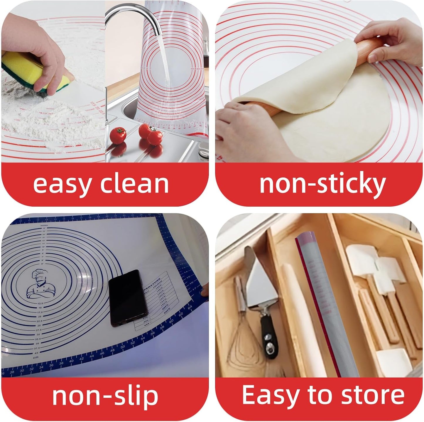 Large Silicone Pastry Mat for Rolling Dough Non Slip Non Stick Silicone Mats for Kitchen Counter 28x20"Blue