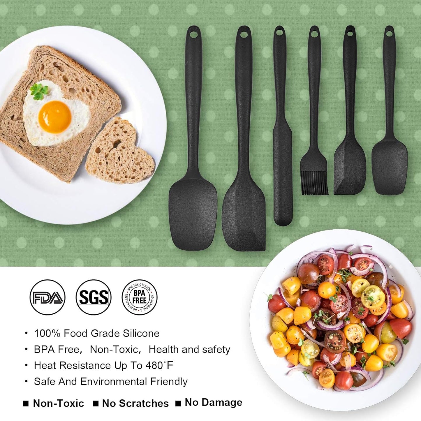 Heat Resistant Silicone Spatulas Set Food Grade Silicone Seamless One Piece Design BPA-Free,Non-Stick,Dishwasher Safe,Cooking and Mixing Set of 6PCS-Black(Black)