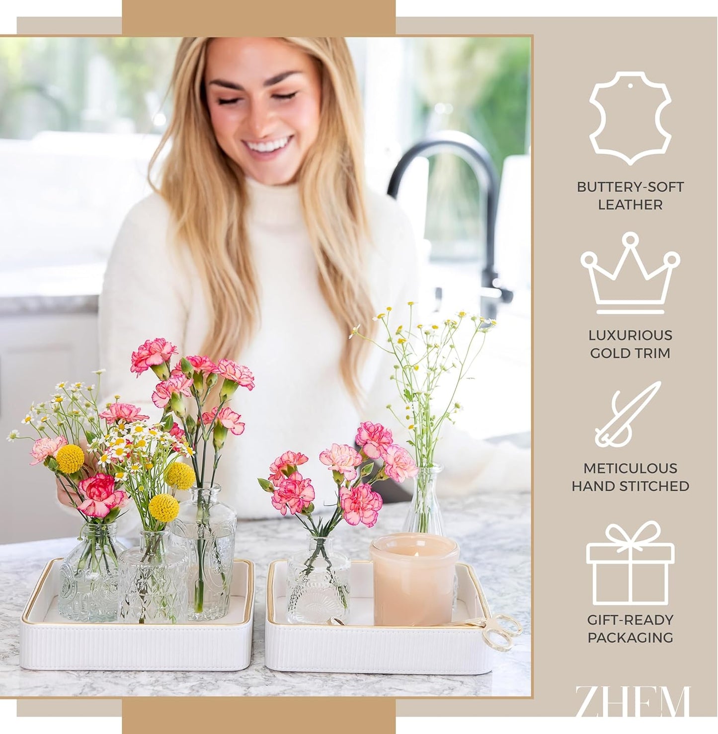 2 Pack White Catch All Trays for Jewelry| Small Leather Valet Tray| Key Bowl for Entryway Table EDC Trinket Tray Catch All| Perfume Trays for Dresser Organizer Perfume Holder (Set of 2)