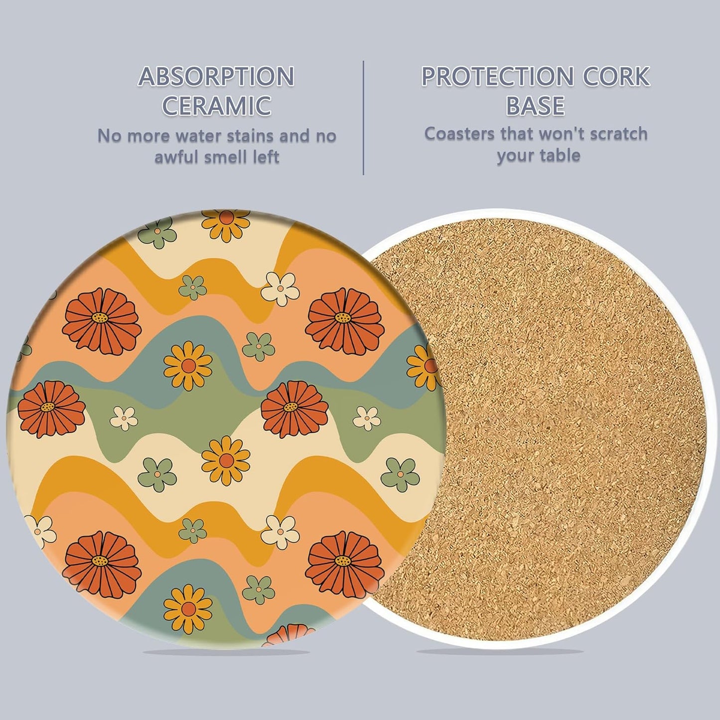 Table Coaster for Drinks Set of 6, Retro 70s Colorful Groovy Round Ceramic Coasters,with Cork Base and Metal Holder,Great Housewarming Birthday Gifts,Home Decor