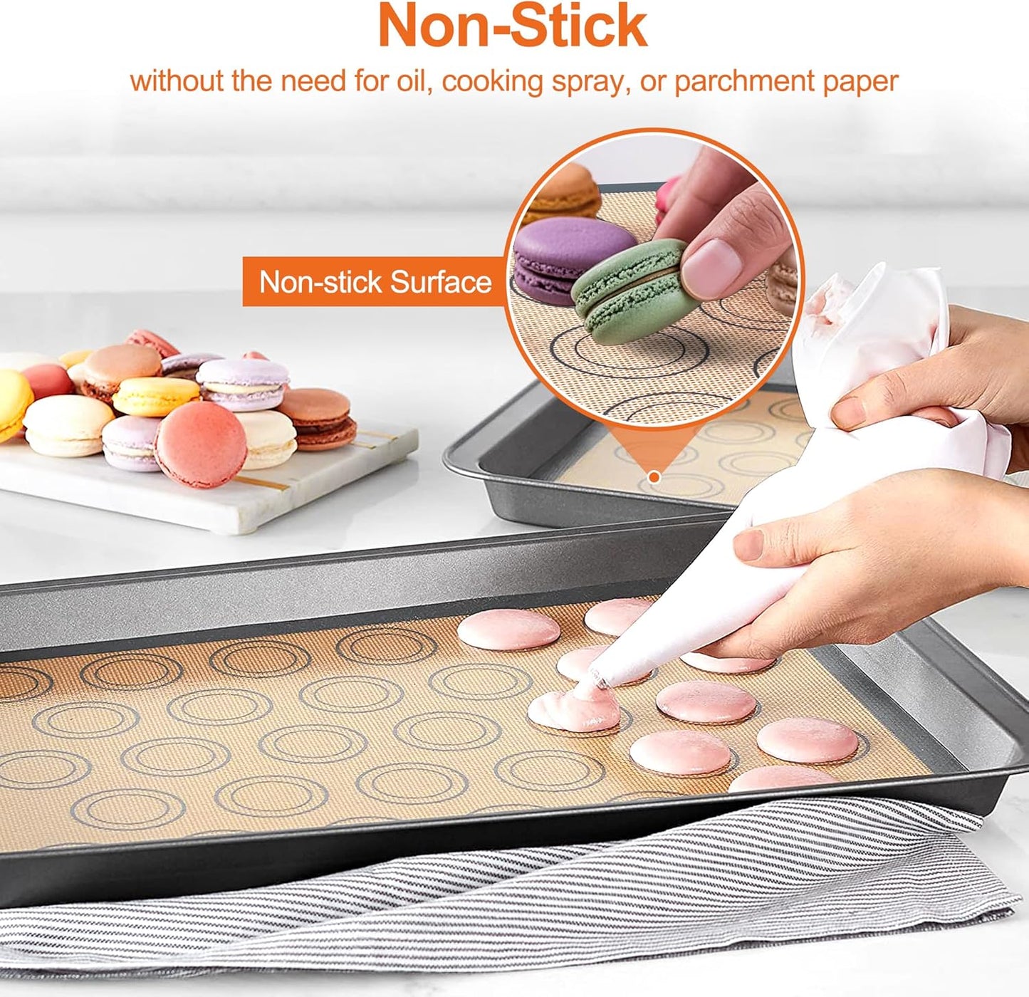 HOOMIL Macaron Silicone Baking Mats 2-Pack, 18" x 13" Commercial Half Sheet Size Macaron Silicone Mat, Non-Stick, Reusable, Food Safe Baking Mat - Brown+Gray