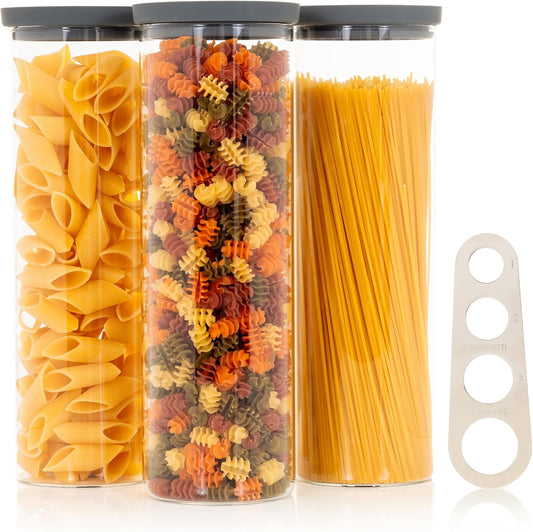 Glass Spaghetti Containers with Airtight Silicone Lids – BPA-Free Pantry Storage Jars for Pasta, Rice, Flour, and Dry Foods – Set of 3 with Portion Tool