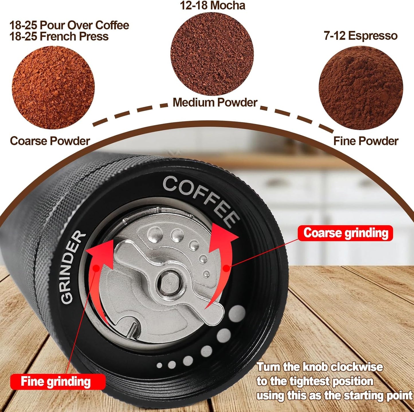 Manual Coffee Grinder Detachable Stainless Steel Conical Burr Aluminum Coffee Bean Grinder with 25 Grinding Settings Cleaning Brush Grindable Espresso Moka Pot French Press for Camping Black