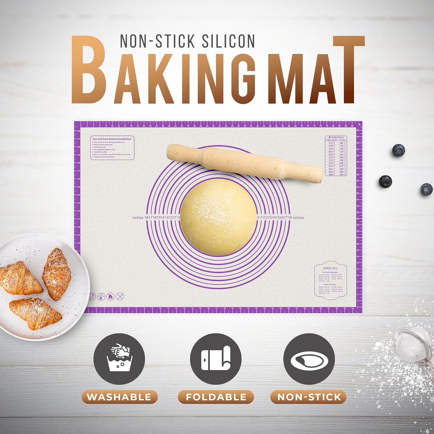 26 * 16 inches Purple, Non-Slip Silicone Baking Sheets - Baking Mat with 0.7mm Thickness - Non-Stick Pastry & Cookie Mat for Kitchen Counter for Rolling Out Dough with Measurements.