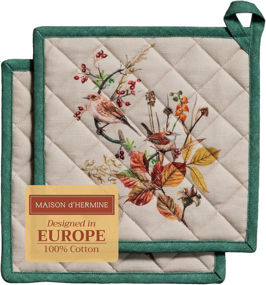 Maison d' Hermine Pot Holders Set 100% Cotton Heat Resistant Potholders 8" x 8" Hot Pads with Loop BBQ, Cooking, Baking, Grilling, Kitchen, Handling Hot Pans (Pack of 2, Recolte)